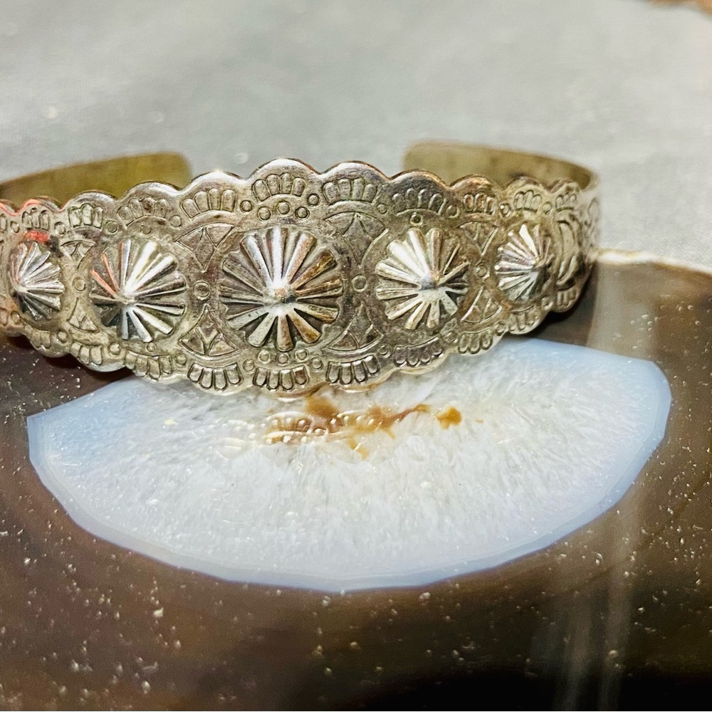 Vintage Fred Harvey hand-stamped sterling silver Native American cuff bracelet